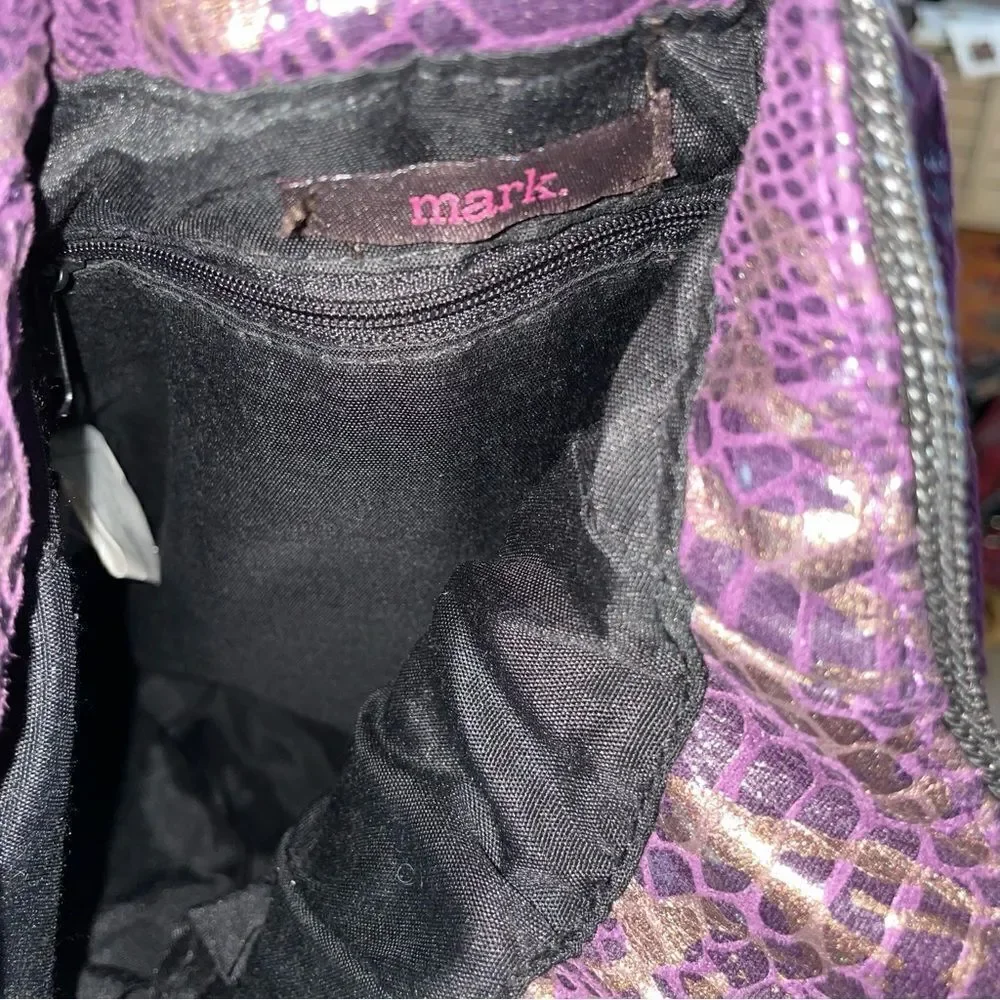 MARK bag by Avon snakeskin purple metallic pattern twisted short drop handle EUC